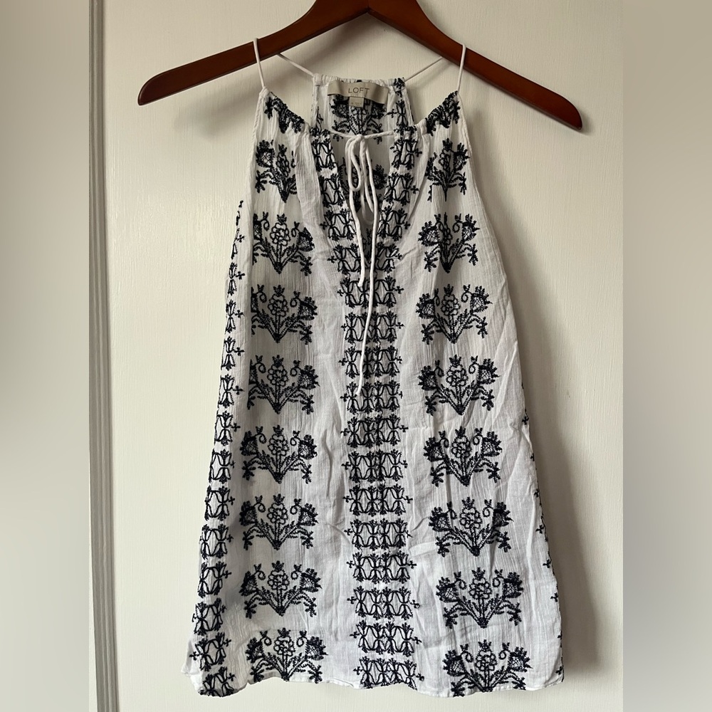 Ann Taylor Loft White Cotton Tank with Navy Embroidery